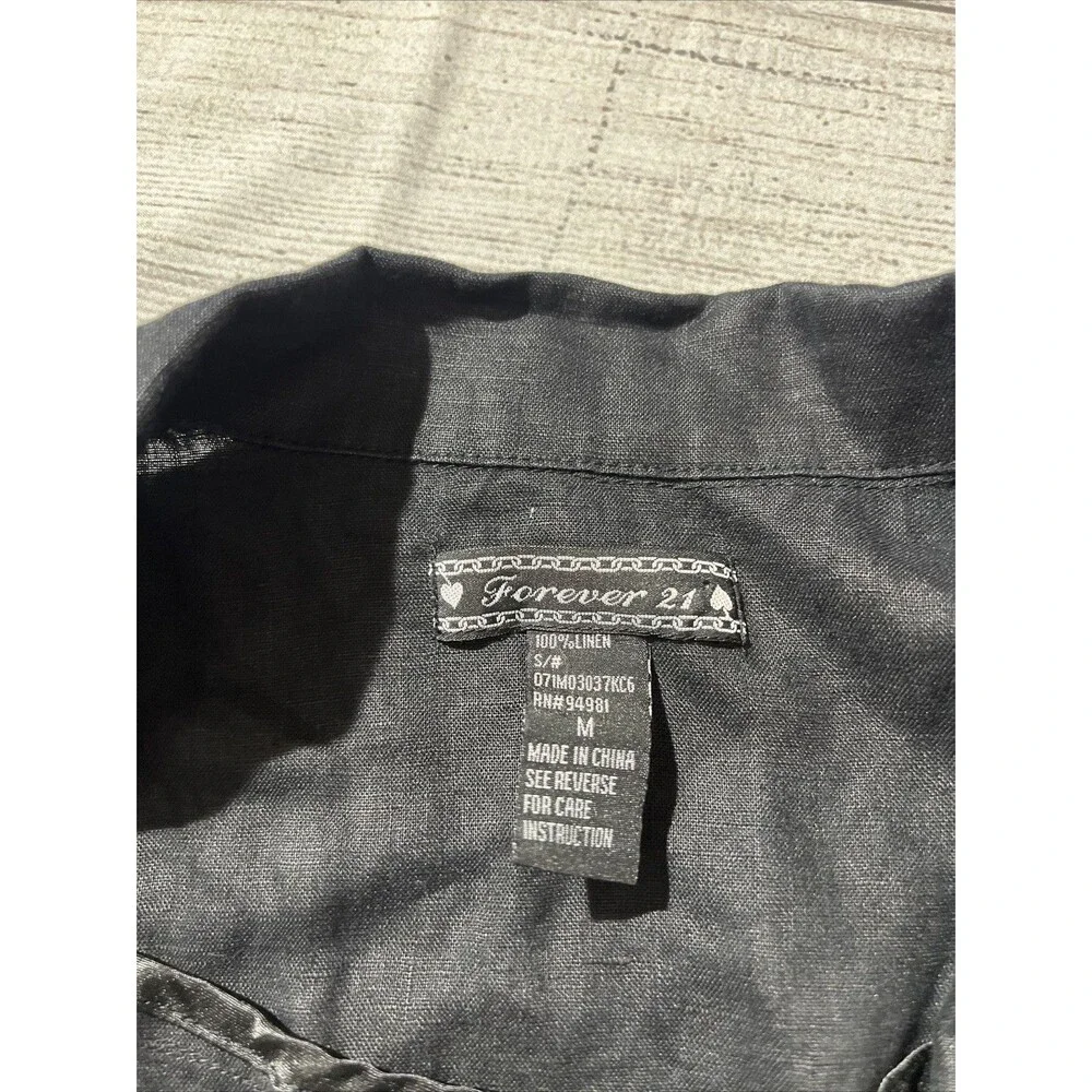 Vtg Forever 21 Y2K Deep V Vest Collared Crop Fitted Vest Black 100% Linen Sz M